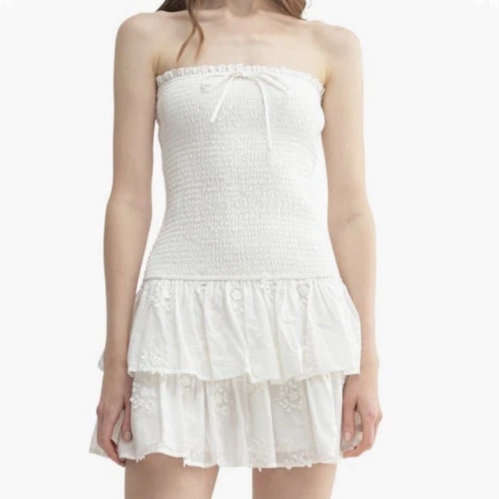 All in Favor White Smocked Eyelet Mini Dress Coastal Beach Bachelorette tube top